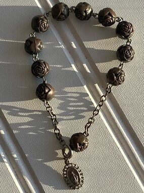 Antique-Style Brown Rose Bead Bracelet rosary with Medallion traveling prayers